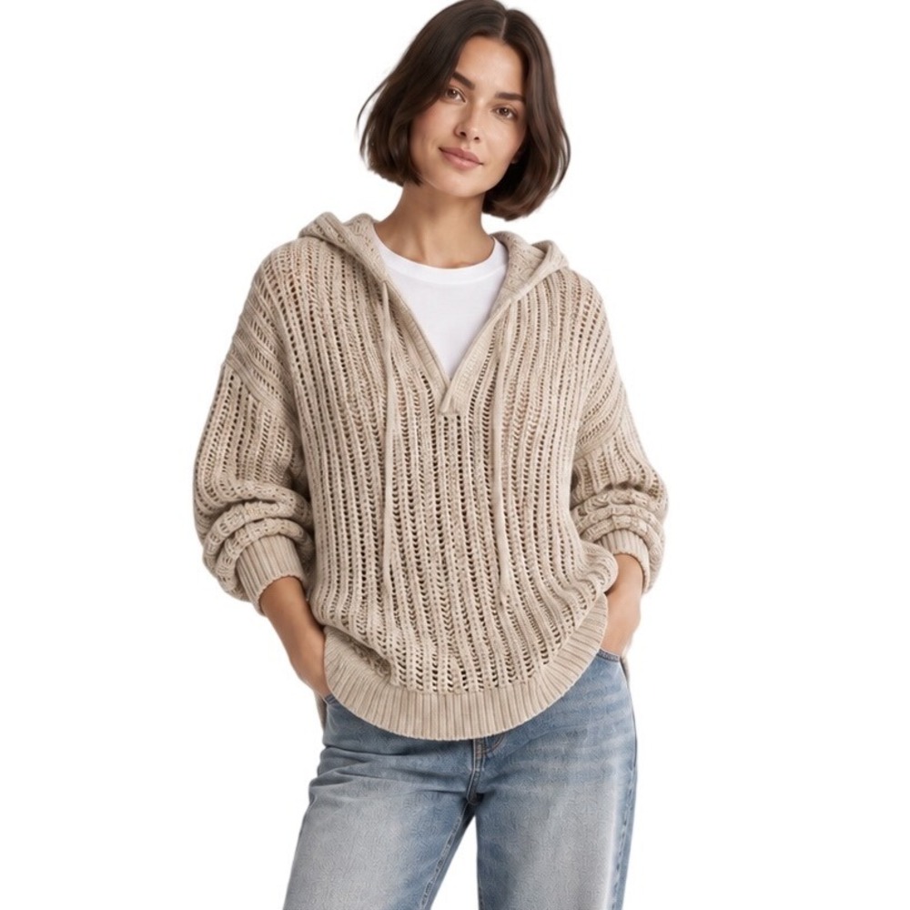 Aritzia Wilfred Free Cardan Hoodie XL Mullein Open Knit Cotton Sweater Coastal